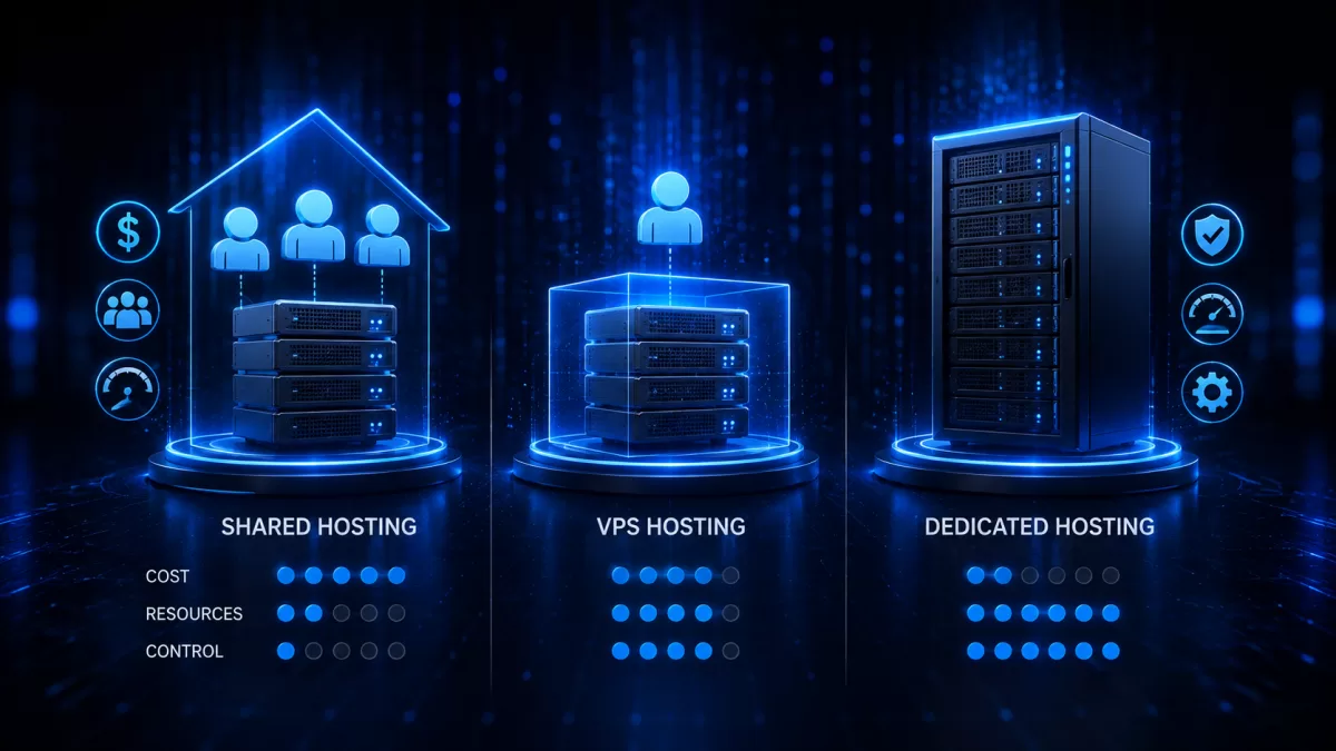 Drei Ebenen von Hosting-Infrastruktur vom Shared Hosting bis zum Dedicated Server