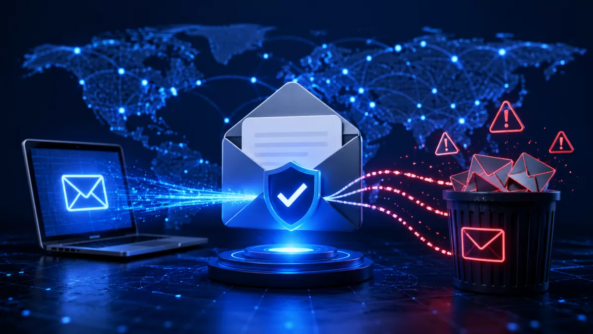 E-mail digitale che attraversa filtri di affidabilità prima della posta in arrivo