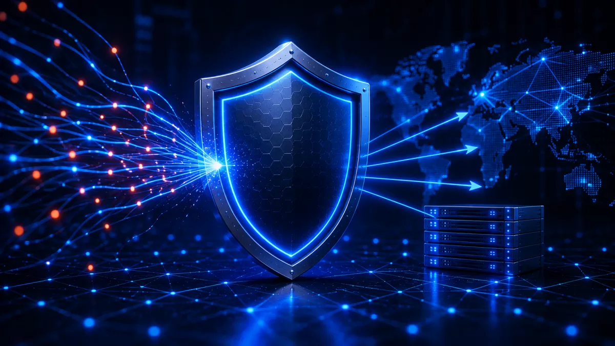 Infraestructura digital moderna que representa seguridad, redes y funcionamiento fiable
