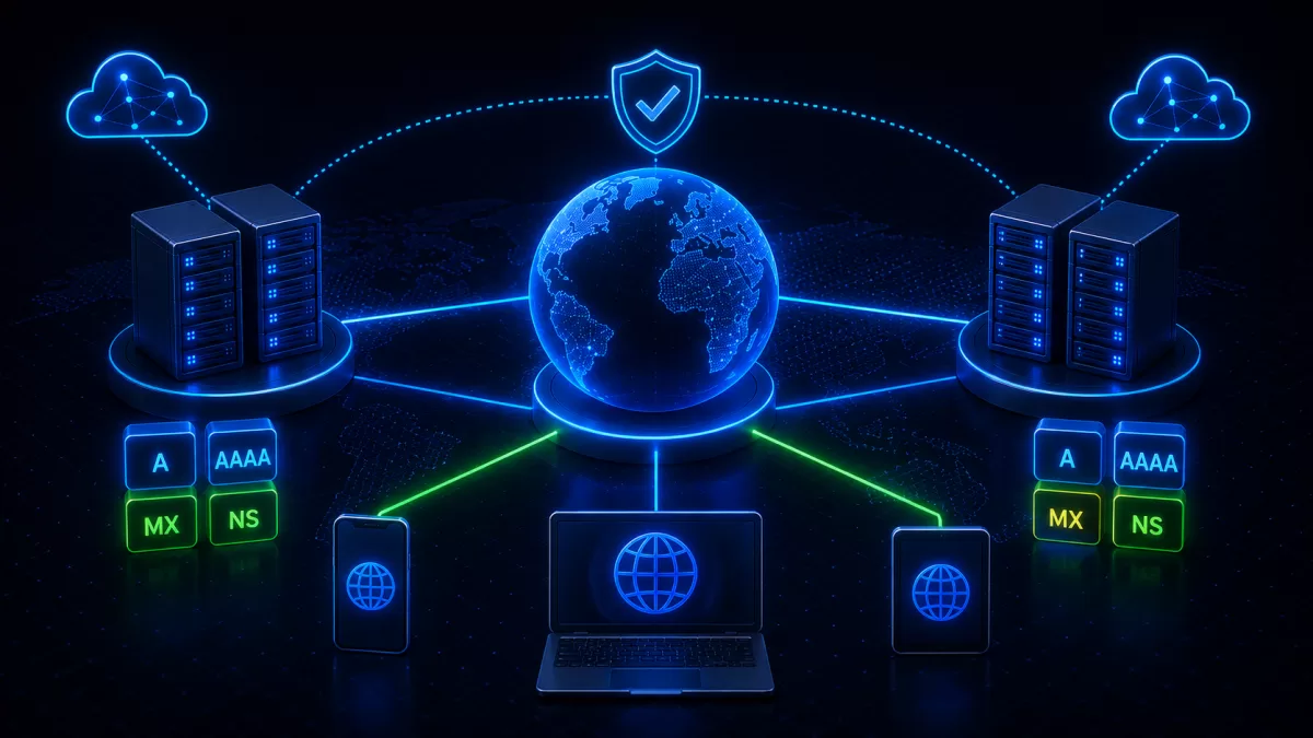 Illustrazione editoriale relativa al funzionamento, alla sicurezza e all’infrastruttura dei servizi Internet